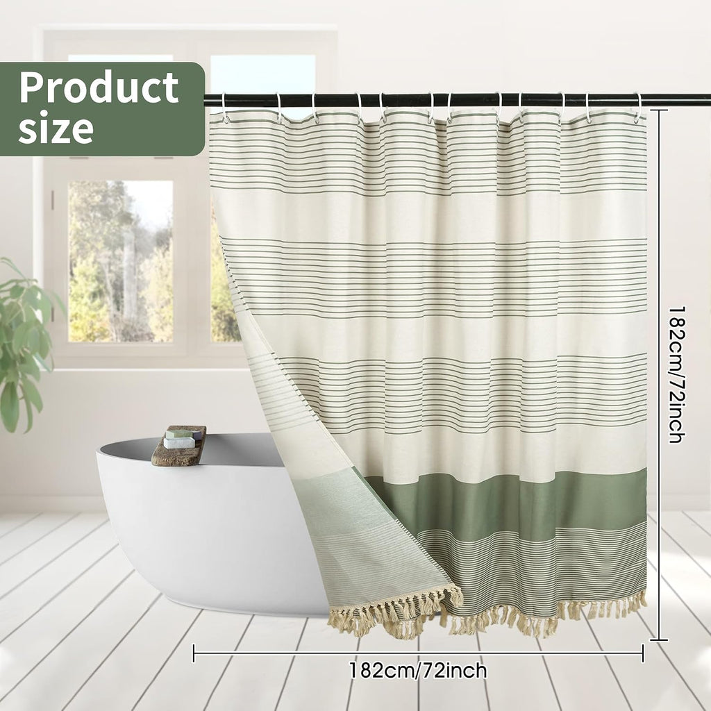 Green Linen Look Shower Curtain - Rustic Boho Farmhouse Style Decor, Waterproof & Wrinkle-Resistant Fabric, 72"x72"