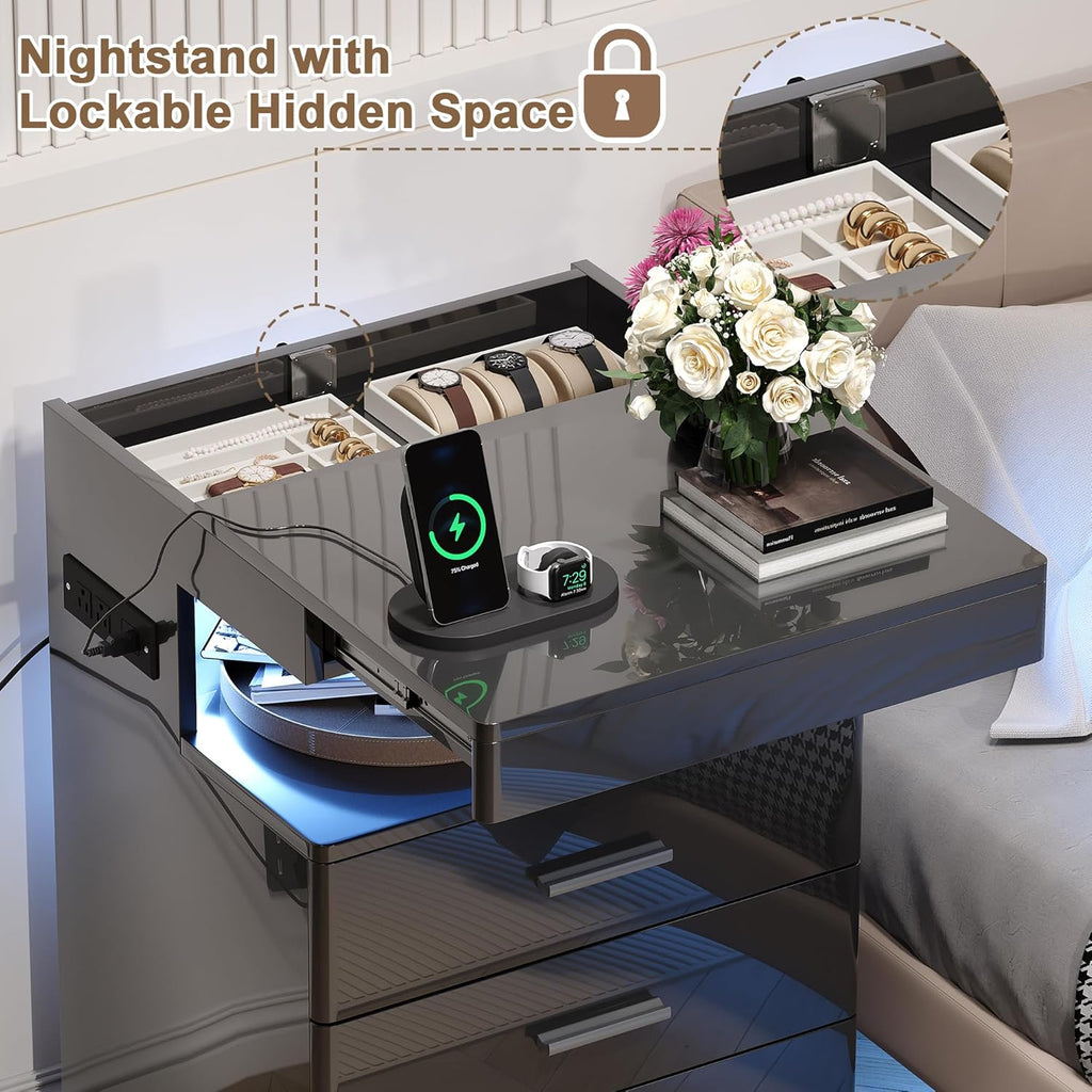 Led Nightstand with Hidden Space, Modern Night Stand with Charging Station, 3 Drawer Smart Nightstand with Glossy