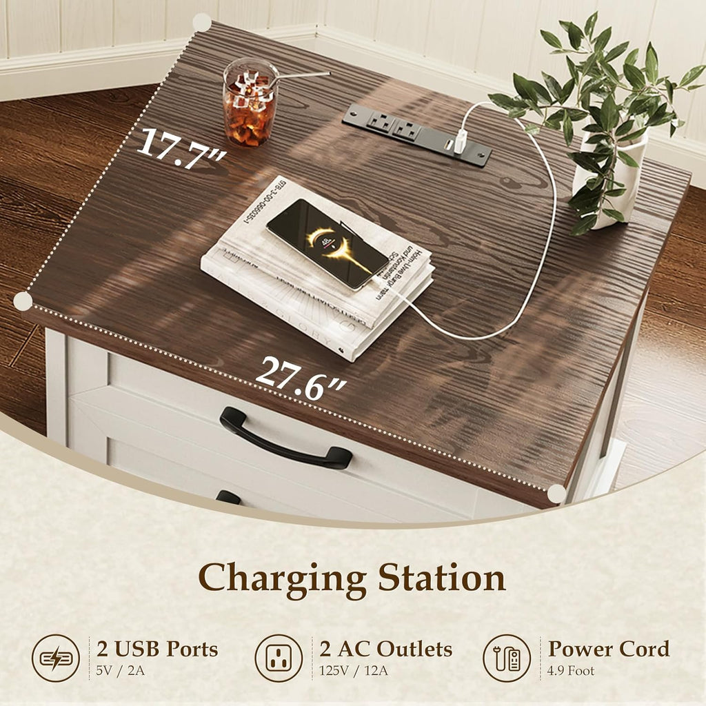 Farmhouse Nightstand with Charging Station, 24 Inch Bedside Tabe with 3 Drawers, Rustic End Table with USB and Outlet