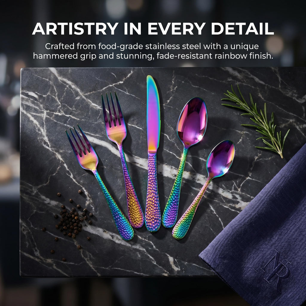 30-Piece Rainbow Hammered Stainless Steel Flatware Set
