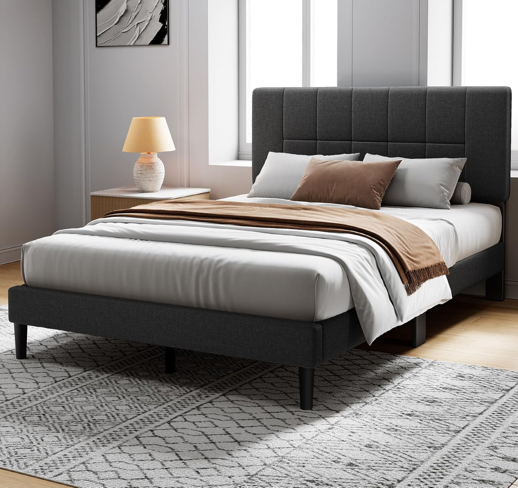 Queen Bed Frame with 12 Thickened Legs&Fabric Upholstered Headboard,1300 lbs Strong Weight Capacity