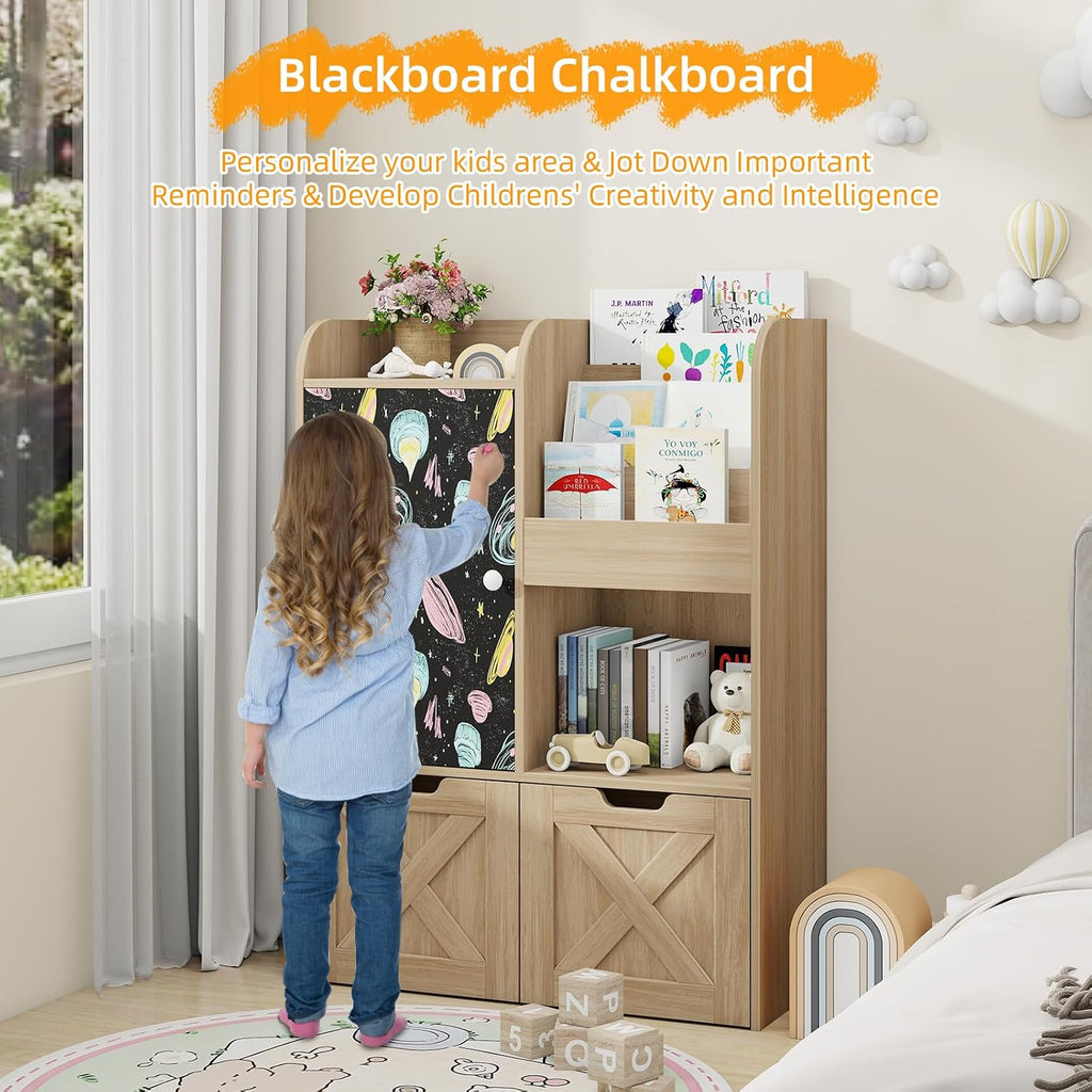 Kids Bookshelf with Reading Nook and Blackboard, 3-in-1 Toy Storage Organizer with 2 Movable Drawers, Wood Toy Chest
