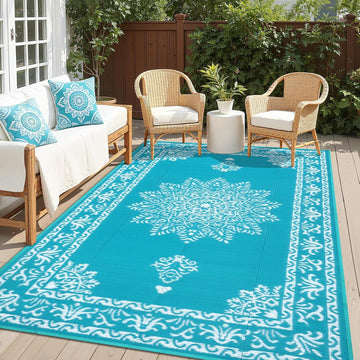 Outdoor Rug Waterproof Plastic Straw Outdoor Patio Rug, Teal