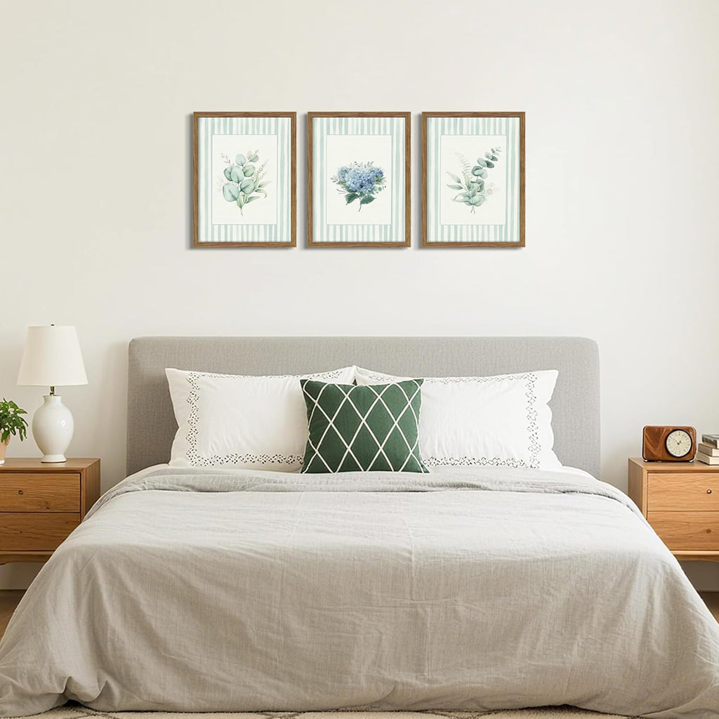 Framed Watercolor Flower Canvas Wall Art Set of 3, Eucalyptus Hydrangea and Green Plant Prints, Fresh Botanical