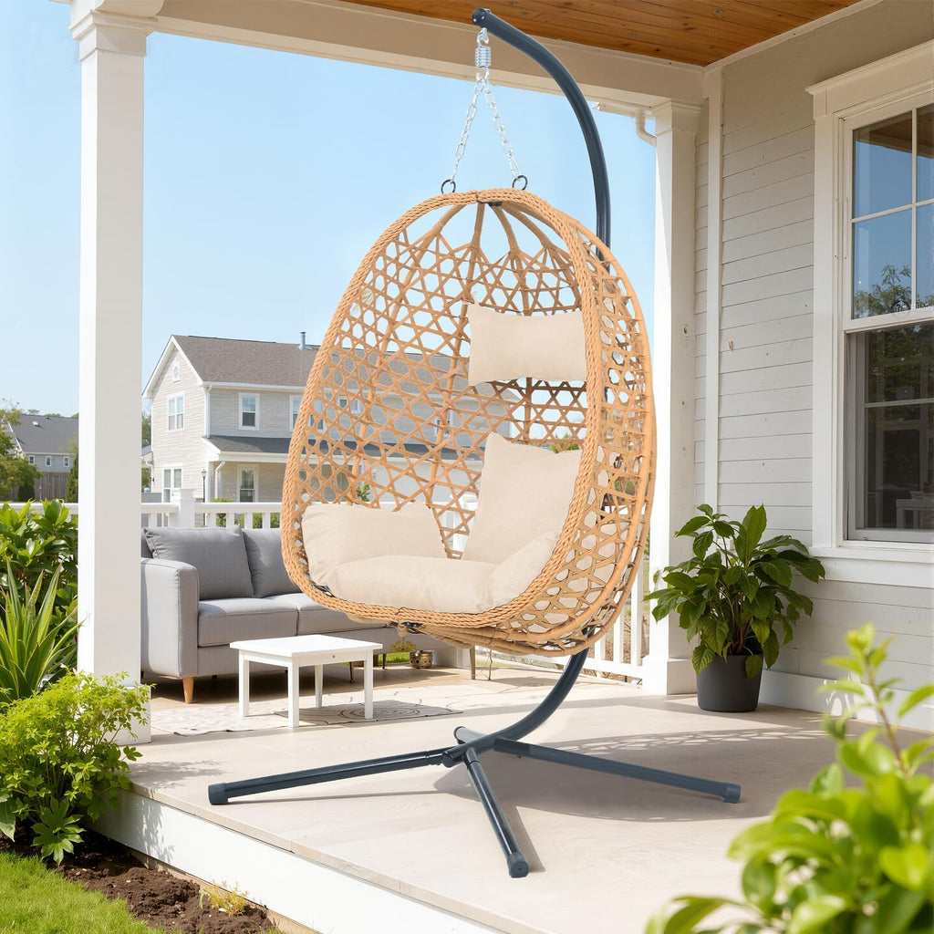 Hanging Egg Chair with Stand,All-Weather Rattan,330LBS Cap,Burlywood | Swing Chair with stand & thick cushions,330lb