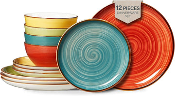 Plates and Bowls Set 12 Pcs,Stoneware Dinnerware Sets for 4 Microwavable,Oven & Dishwasher Safe Porcelain,Scratch