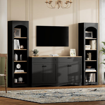 Modern 3 Piece TV Stand with 2 Bookshelves for TVs up to 70'', Mid-Century Solid Wood Entertainment Center with Storage Cabinets, Practical Media Console for Living Room, Bedroom, Black