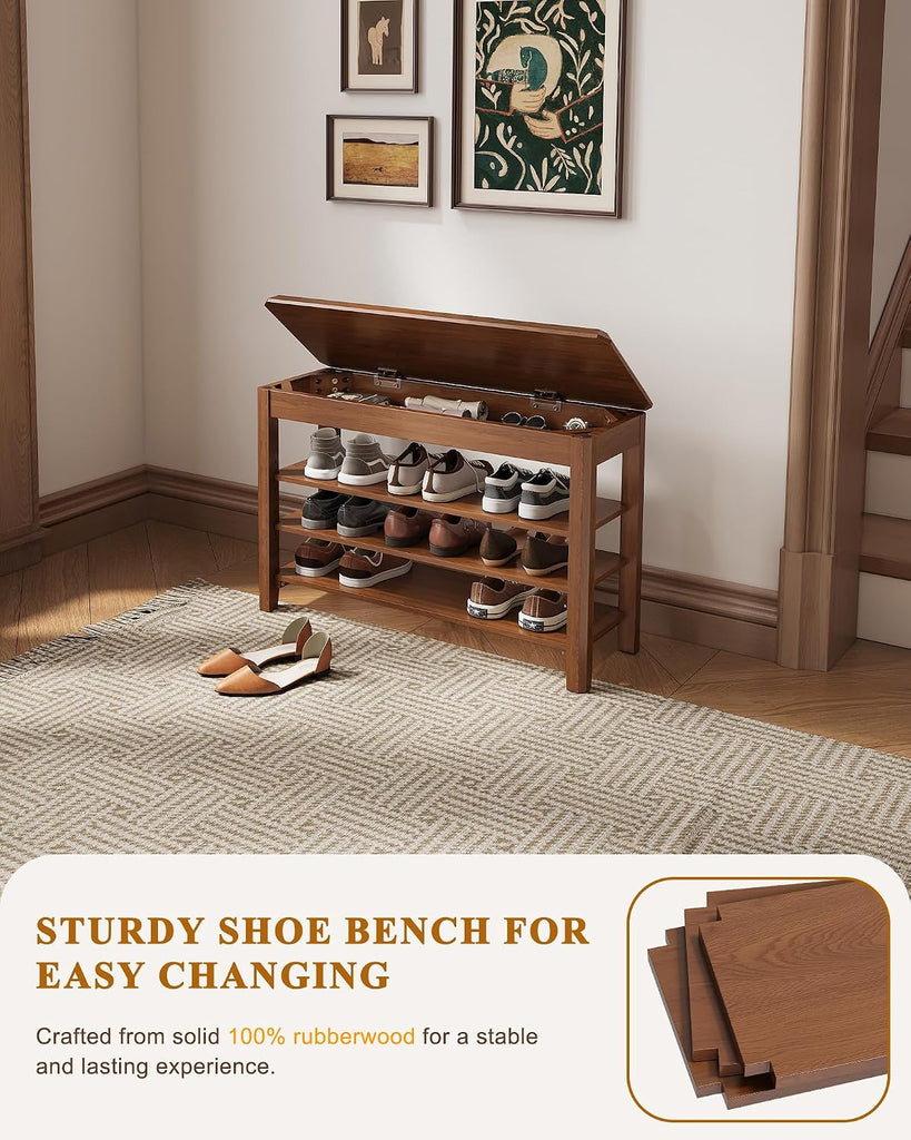 Shoe Rack Bench Seat Rubberwood 3-Tier Wooden Storage Bench 550lbs Compact Mid-Century Modern Design , Closet, Front