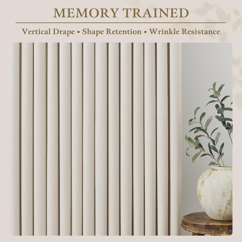 Natural Pinch Pleated Semi Sheer Curtains 2 Panels Set for Sliding Glass Doors, Memory Shape Pleat Thick