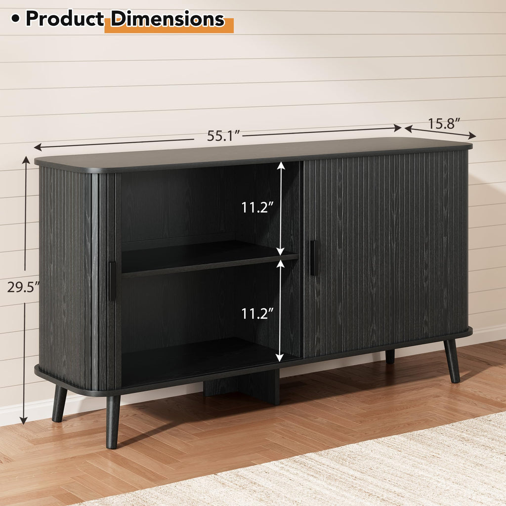 55" Fluted Sideboard Buffet Cabinet with Sliding Door, Mid-Century Modern Wood Sideboard, Adjustable Shelf, Coffee