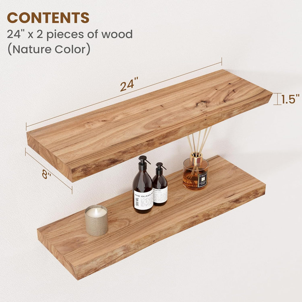 Floating Shelves for Wall Decor, Rustic Solid Elm Wood Live Edge Floating Shelves Wall Mounted, Wall Shelves with