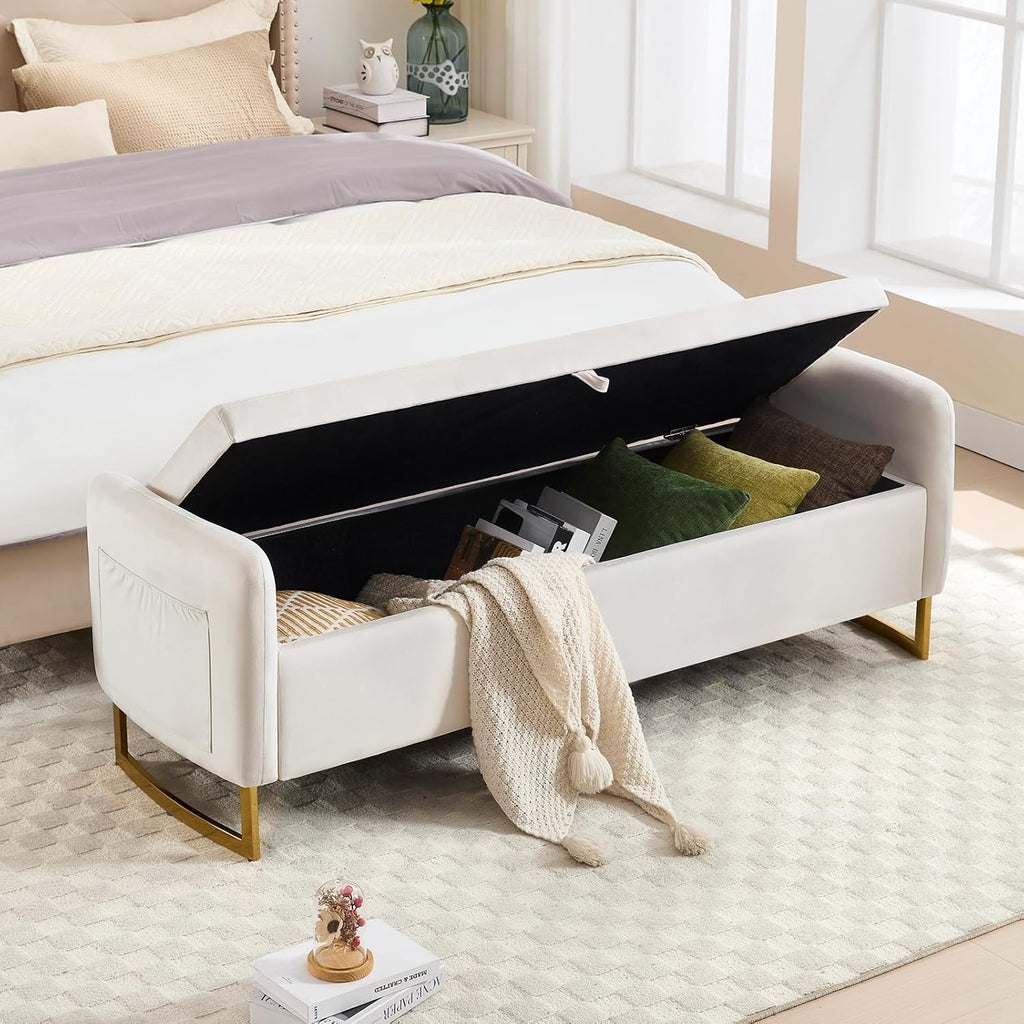 65" End of Bed Storage Bench, Velvet Storage Bench , Bed Bench with Storage, Tufted Upholstered and Gold Legs