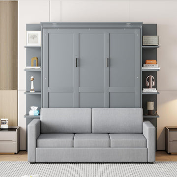 Queen Murphy with Sofa and Shelves for Bedroom or Guestroom Wall Bed Space Saving Hidden Bed,No Need Fix to The