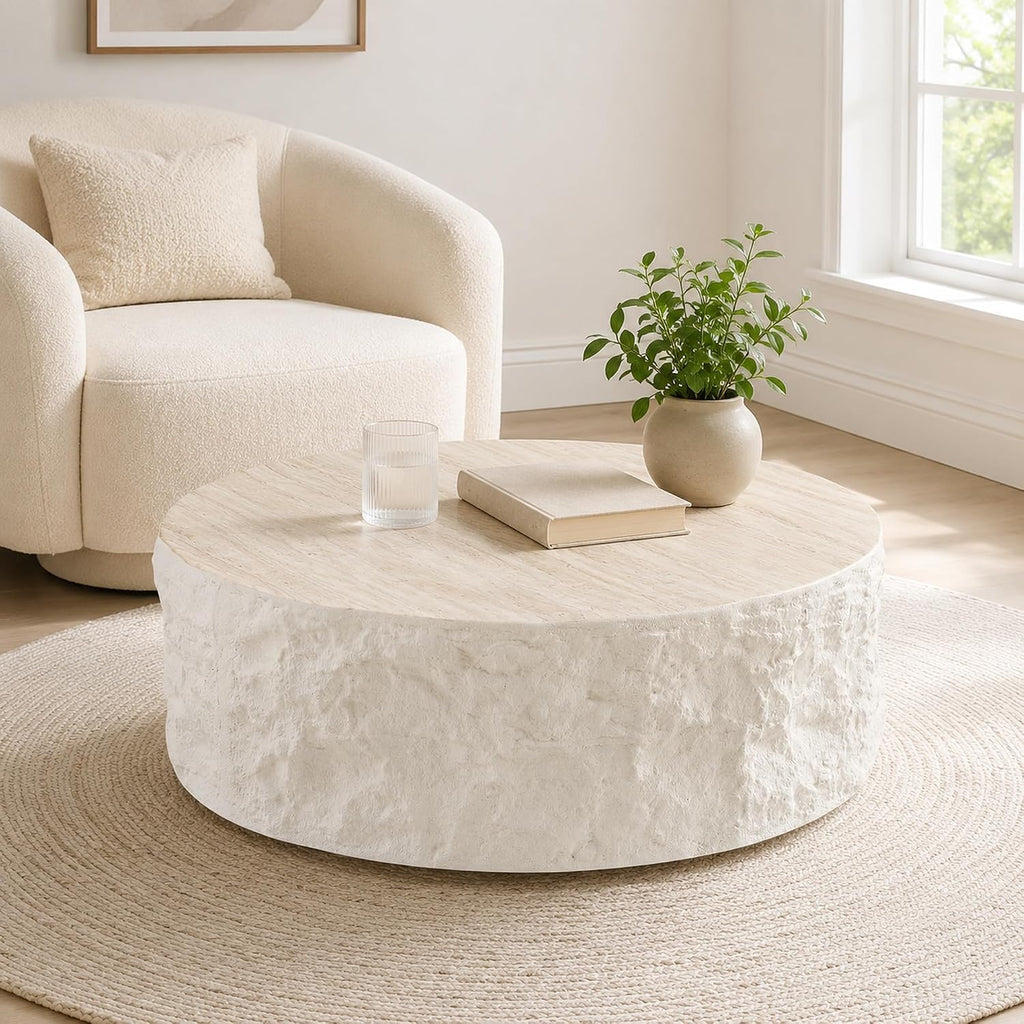 35.43" Round Coffee Table for Living Room, Modern Faux Marble Travertine Coffee Table, Sculptural Fiberglass Drum Cent