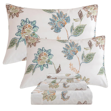 Boho Sheets Sets Percale Printed Sheets Queen Botanical Leaves Flower Pattern Printed Bed Queen Size