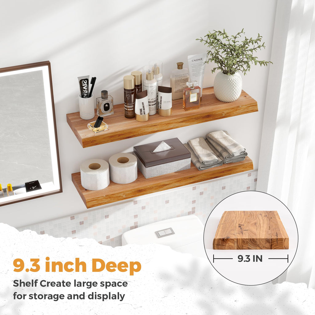 Live Edge Elm Floating Shelves - 22" W x 9.3" D Rustic Solid Wood Wall Shelves with Invisible Bracket, Wall-Mounted