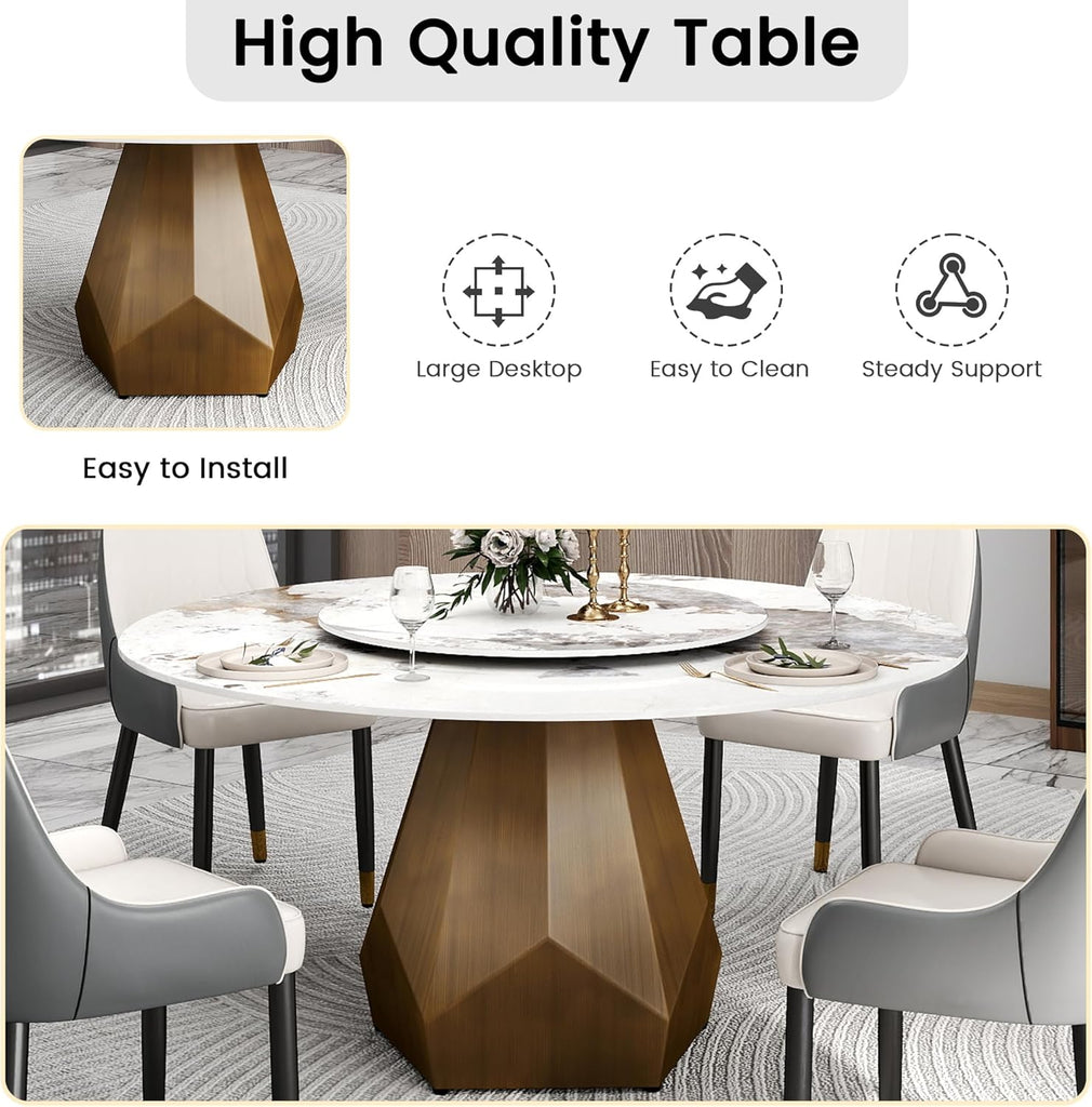 59" Modern Artificial Marble Round Dining Table with Antique Brass Metal Base & 31.5" White Sintered Stone Turntable