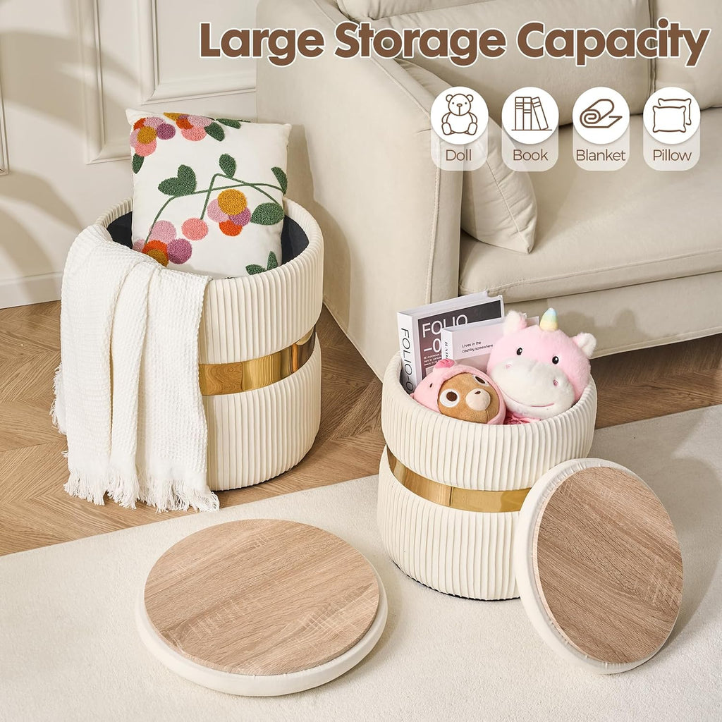 Round Ottoman with Storage Set of 2 Small Ottoman Coffee Table, Foot Stool, Vanity Chair, Removable Lid, Assembly