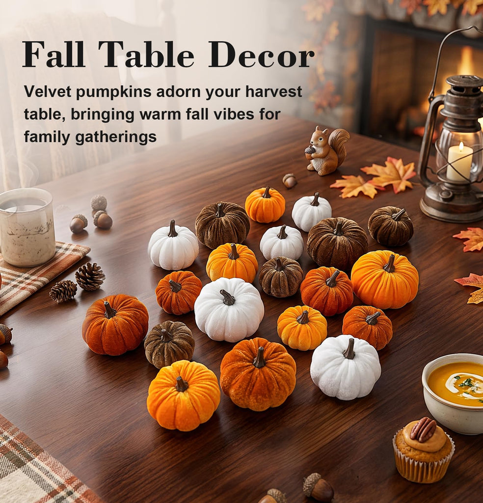 Fall Pumpkin Decor, 20 PCS Fall Decorations Fake Artificial Velvet Pumpkins with 4 Size & Color, Autumn Thanksgiving