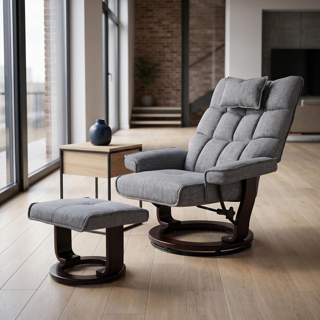Modern Reclining Swivel Lounge Chair and Ottoman — Grey Chenille
