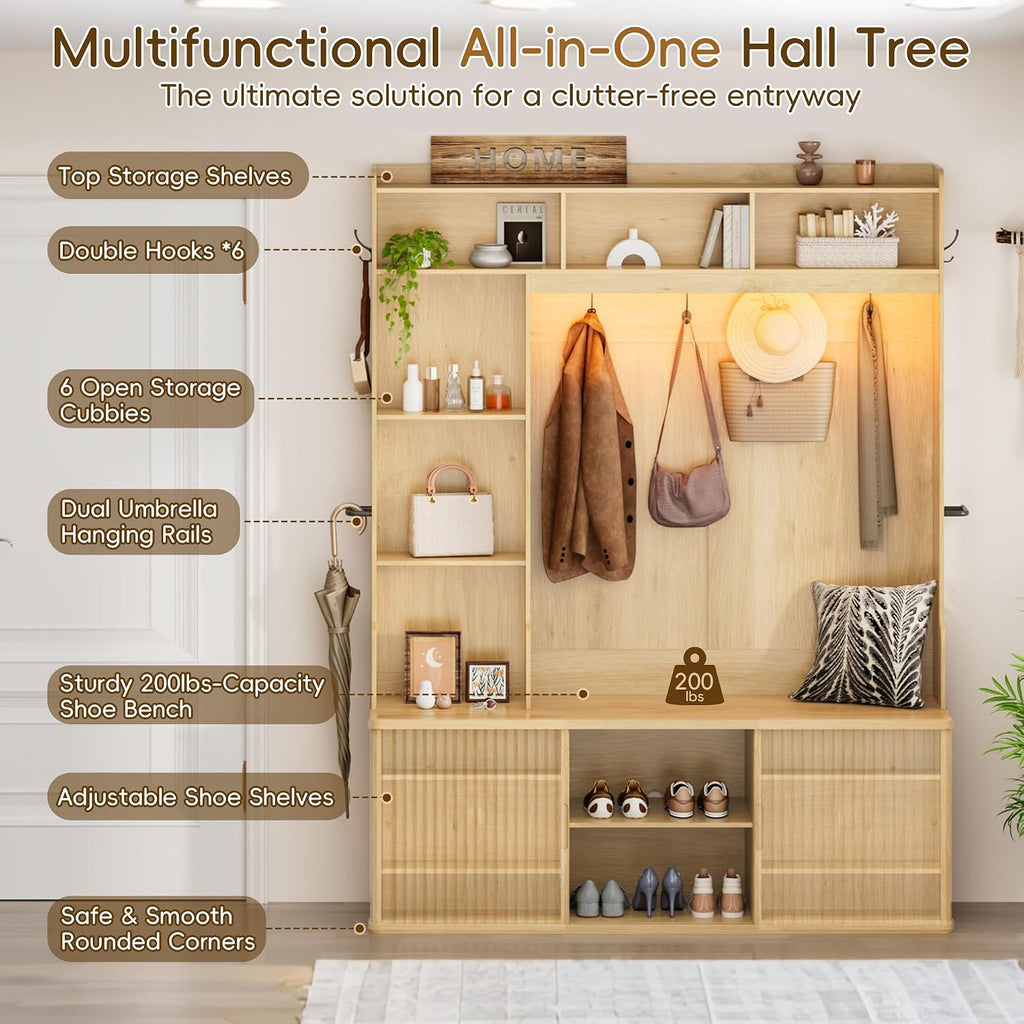 77"H 59"W Hall Tree with Bench and Shoe Storage, Entryway Bench with Coat Rack & 12 Hooks, Smart RGB LED Lighting