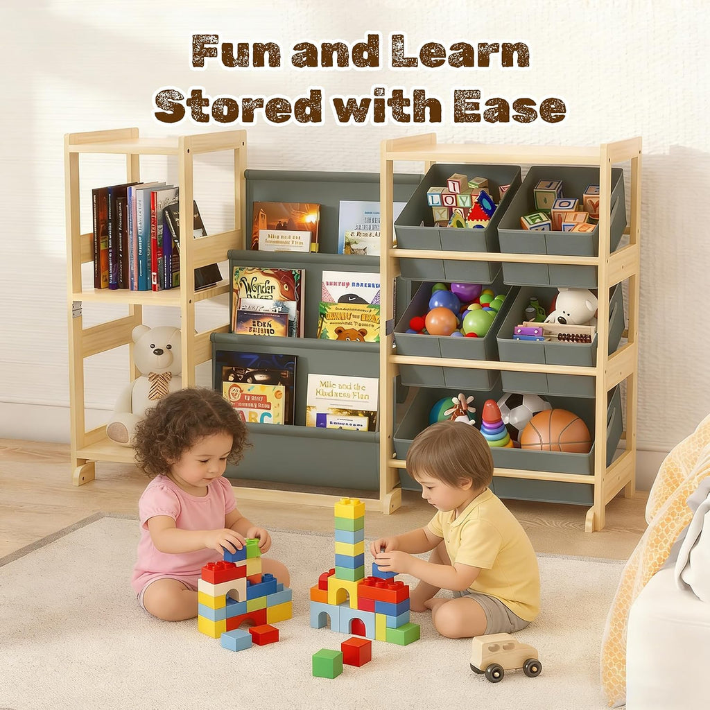 Kids Book and Toy Storage Organizer with Bins and Side Shelves | Solid pine wood frame with front book display for