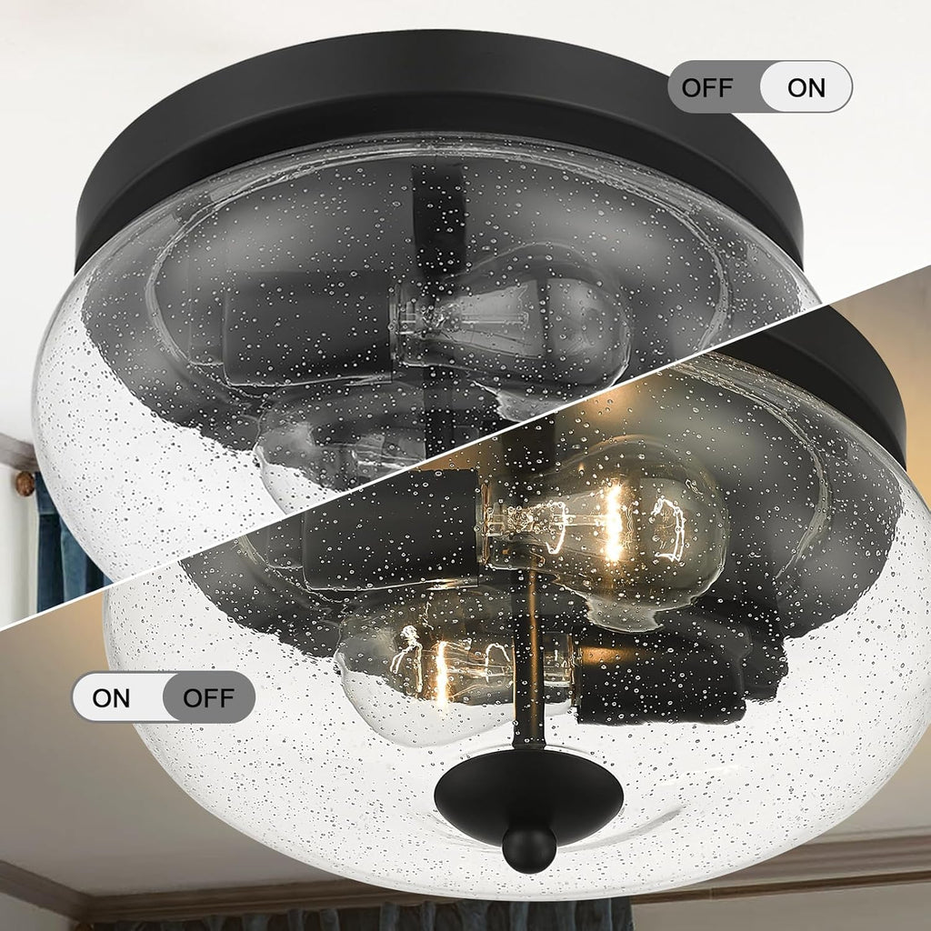 Black Ceiling Light Fixtures, Indoor Outdoor Flush Mount Ceiling Light with Seeded Glass Shade for Farmhouse Hallway