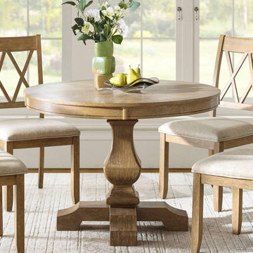 Round Dining Table for 4, 42” Farmhouse Oak Wood Dining Room Kitchen Table Top with Pedestal Base, Rustic Dinner