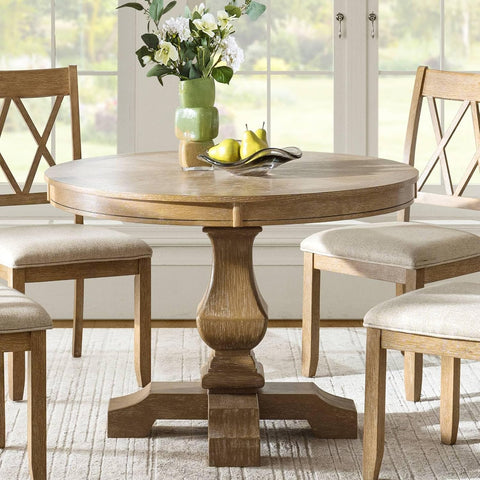 Round Dining Table for 4, 42” Farmhouse Oak Wood Dining Room Kitchen Table Top with Pedestal Base, Rustic Dinner
