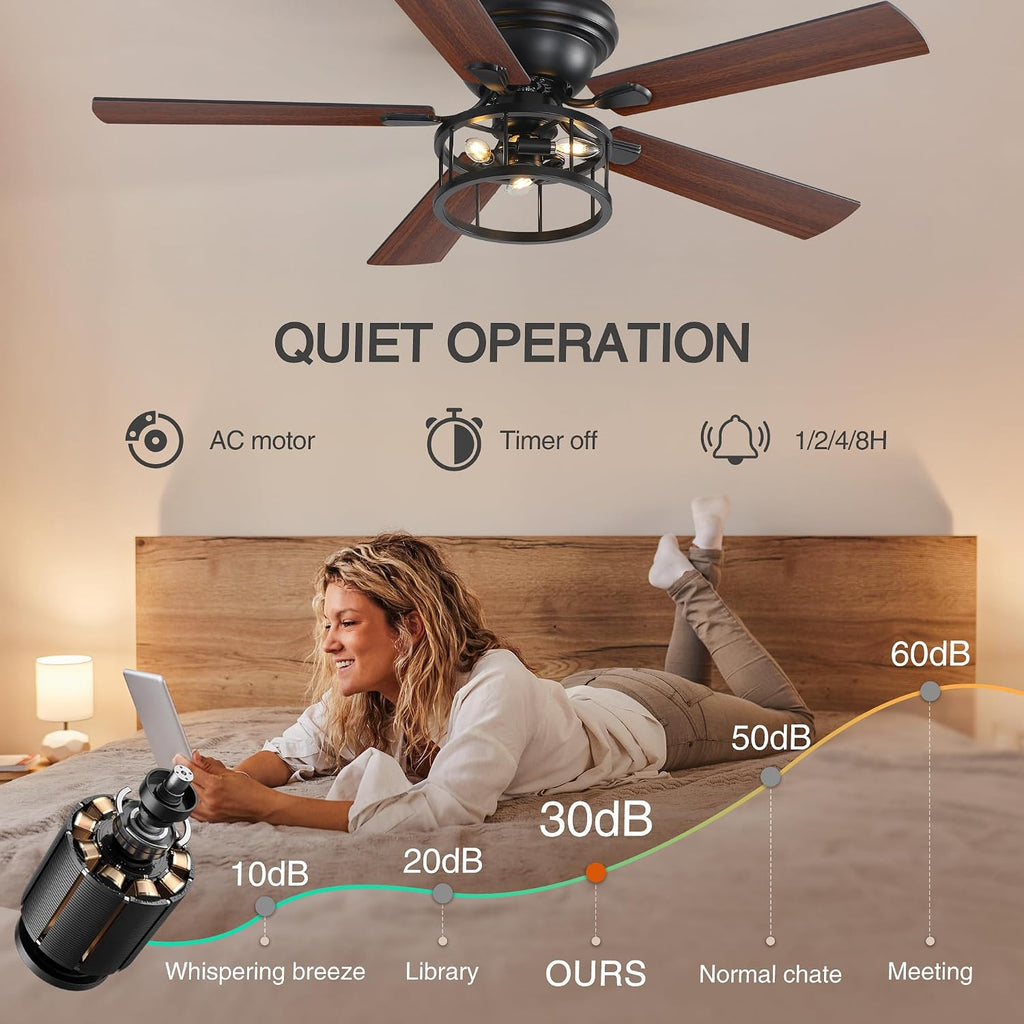 52 Inch Flush Mount Farmhouse Rustic Ceiling Fan with Light and Remote, Reversible AC Motor, 5 Dual Finish Blades