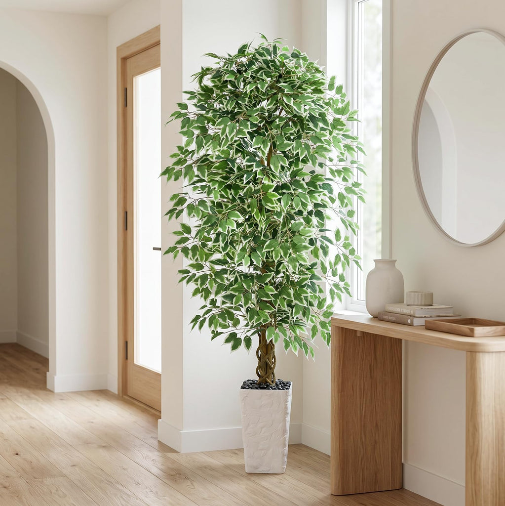 Artificial Ficus Tree 6FT, Large Fake Tree Decor (White Planter)