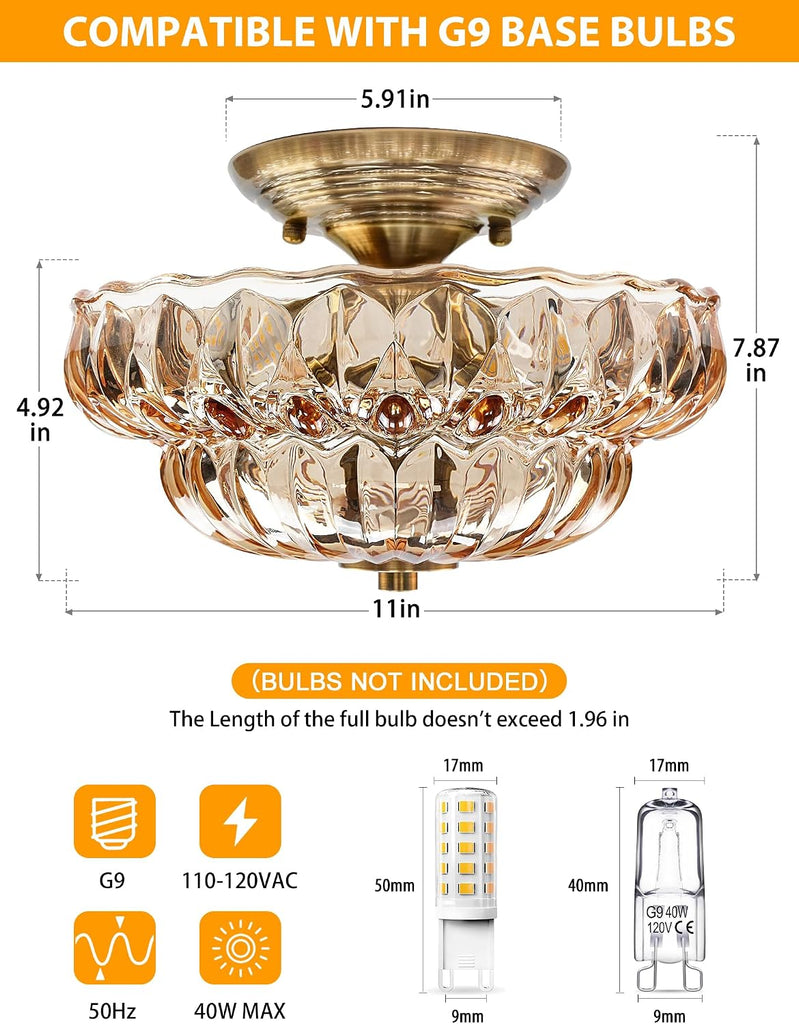 Semi Flush Mount Ceiling Light,Vintage Gold Hallway Lights Fixture | 11IN 3-Bulb Bright Even Light,Amber Glass Close