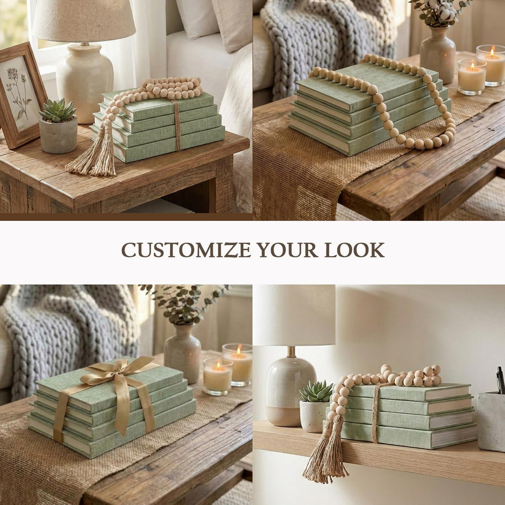 Decorative Books Decor-Set of 4 Real Linen Decorative Books, Stacked Books with Wood Bead Garland, Jute Twine & Satin