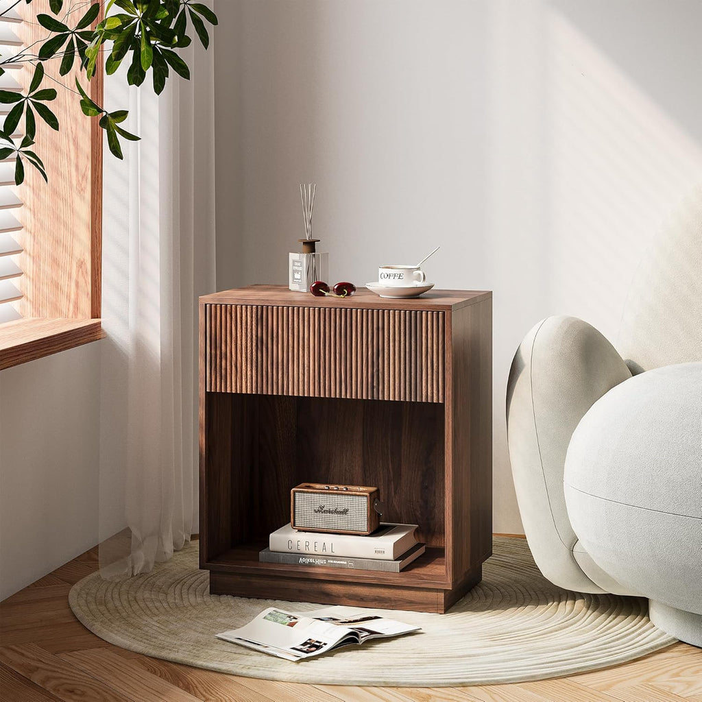 Fluted Nightstands Set of 2, Modern Bedside Table with Storage Drawer and Open Wood Shelf, Wood End Table Mid Century