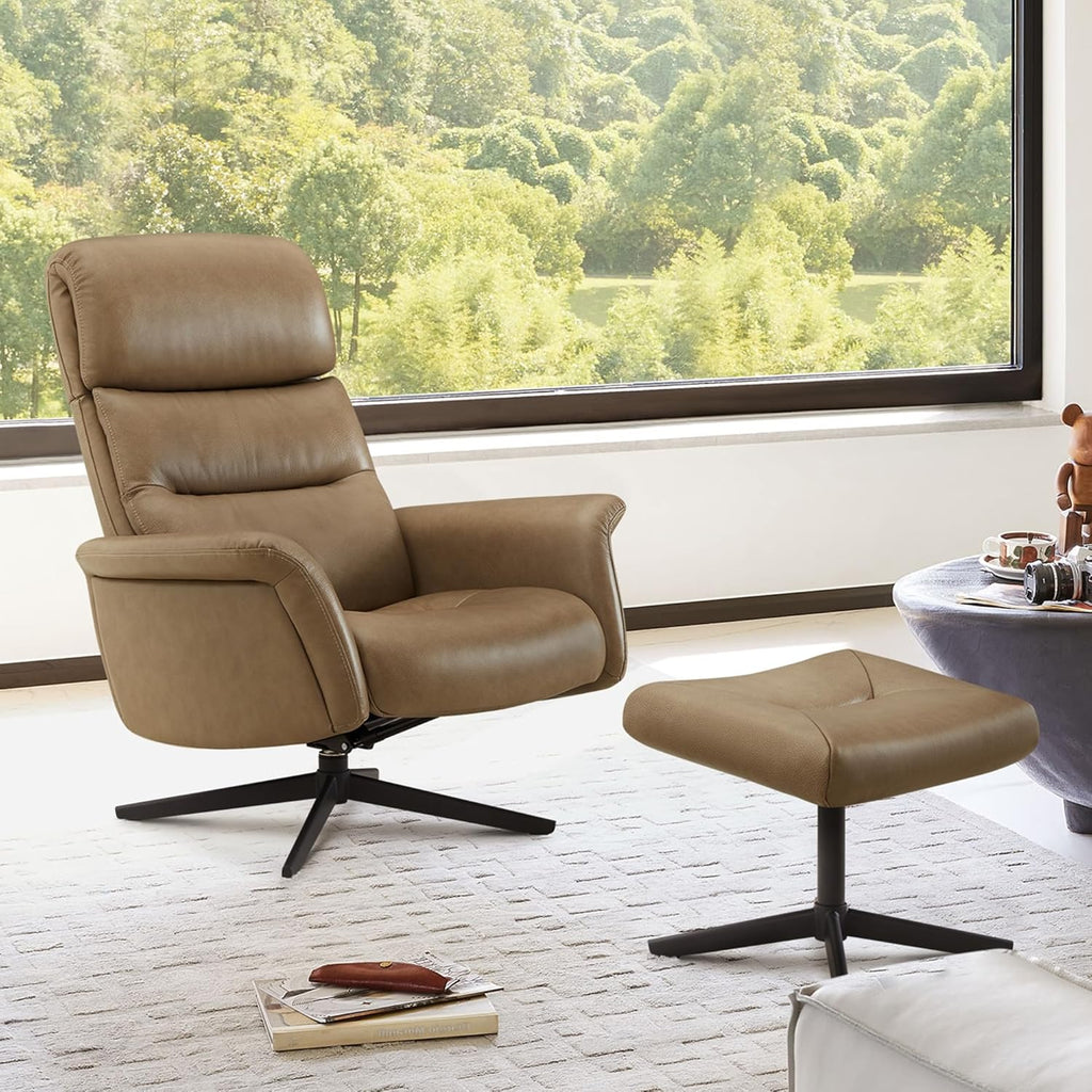 Modern Reclining Swivel Lounge Chair and Ottoman — Genuine Leather
