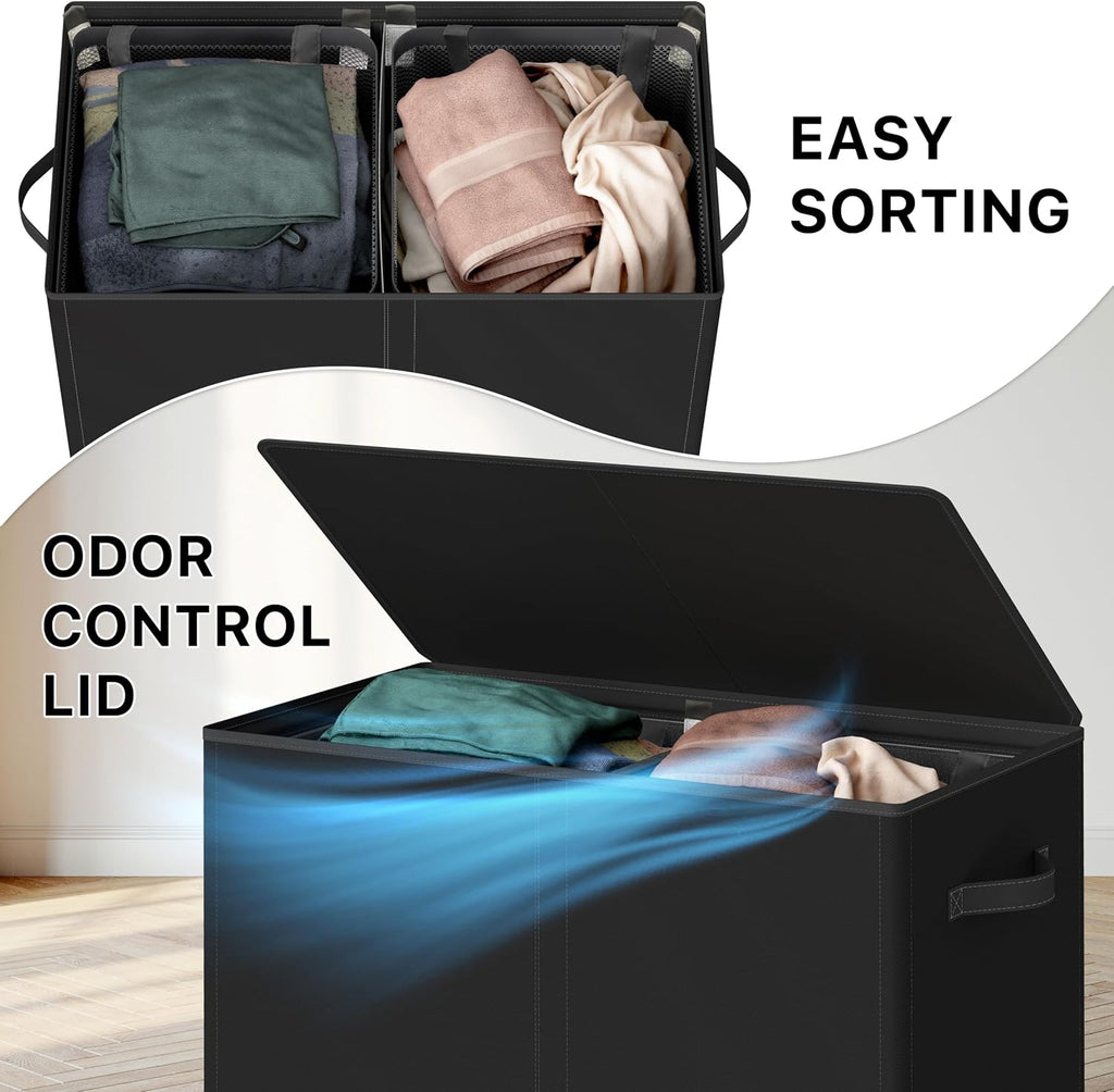 Double Laundry Hamper with Lid & Removable Bags, Black | Heavy Duty 600D Polyester, Water-Resistant Surface