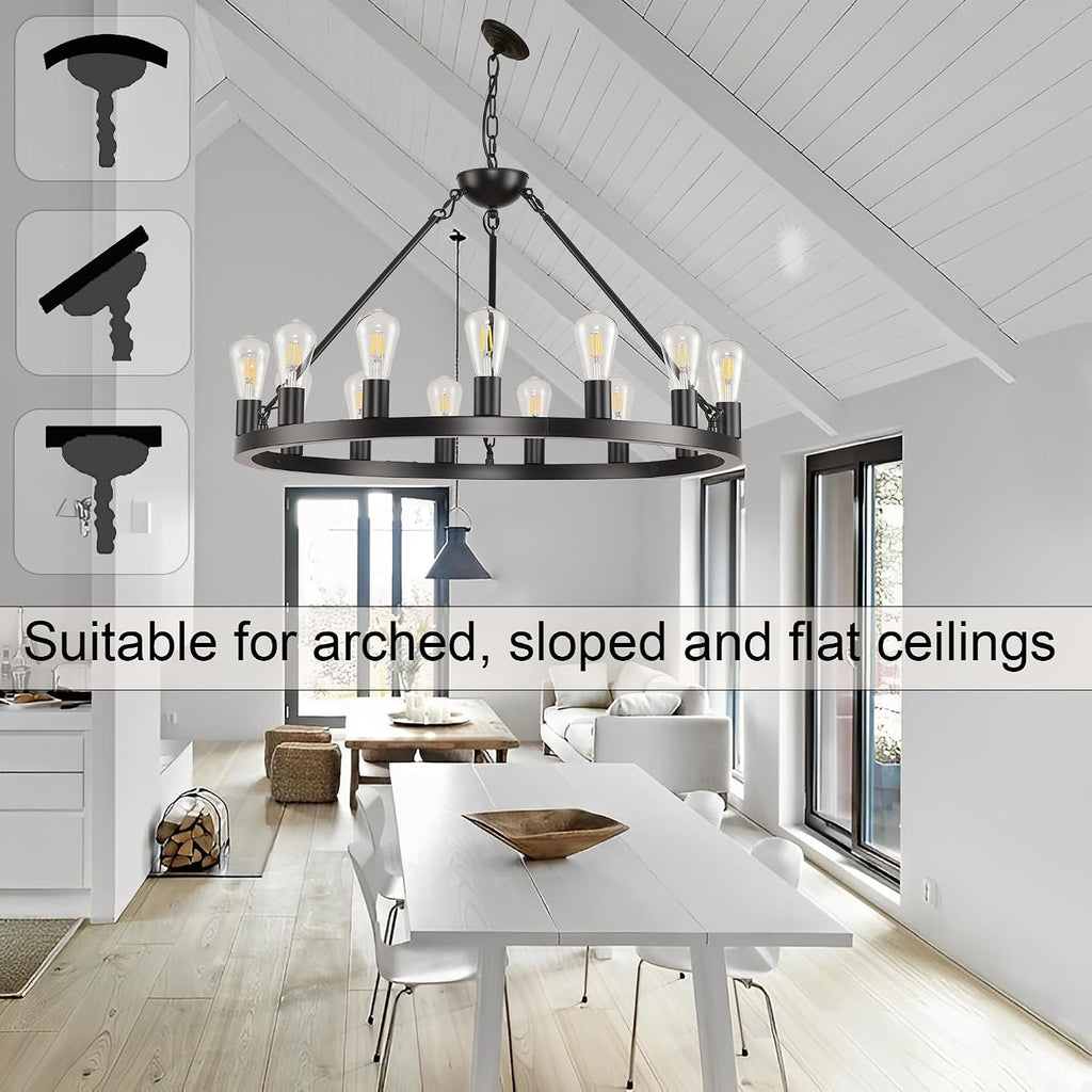 32 inch Black Wagon Wheel Chandelier 15-Light Farmhouse Round Wheel Chandeliers Hanging Light Fixture Outdoor Wagon