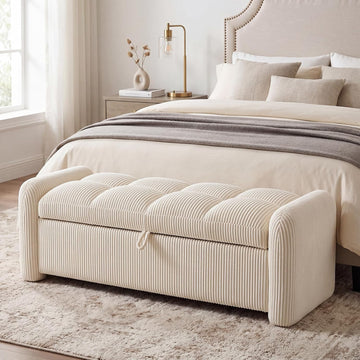 Oversized Corduroy Ottoman Bench with Storage, Upholstered End of Bed Bench , Ottoman Foot Rest , Beige