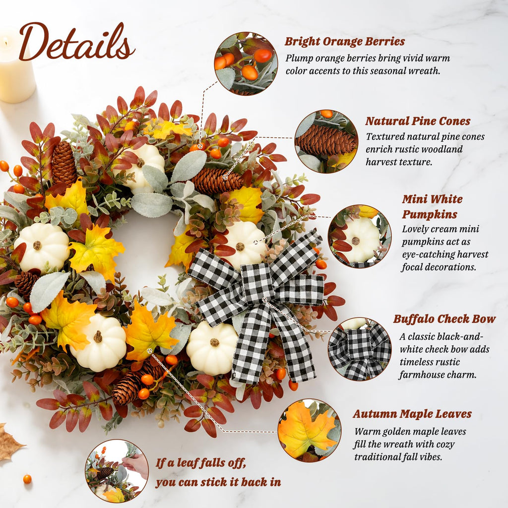 22 Inch Fall Wreath for Front Door with Artificial Pumpkin Bow