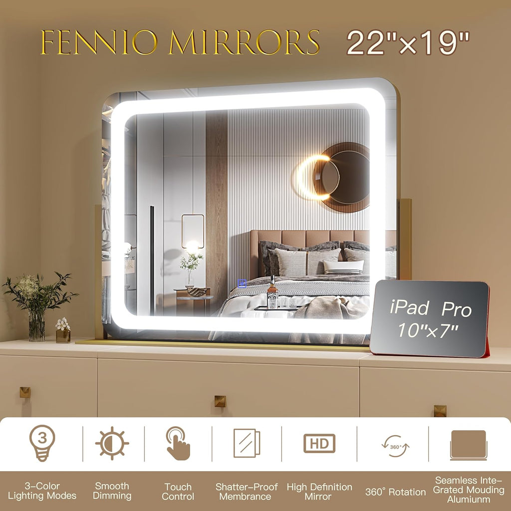 Gold Vanity Mirror with Lights 22"x19", LED Lighted Makeup Mirror, Large Makeup Mirror, Make up Mirror with Lighting
