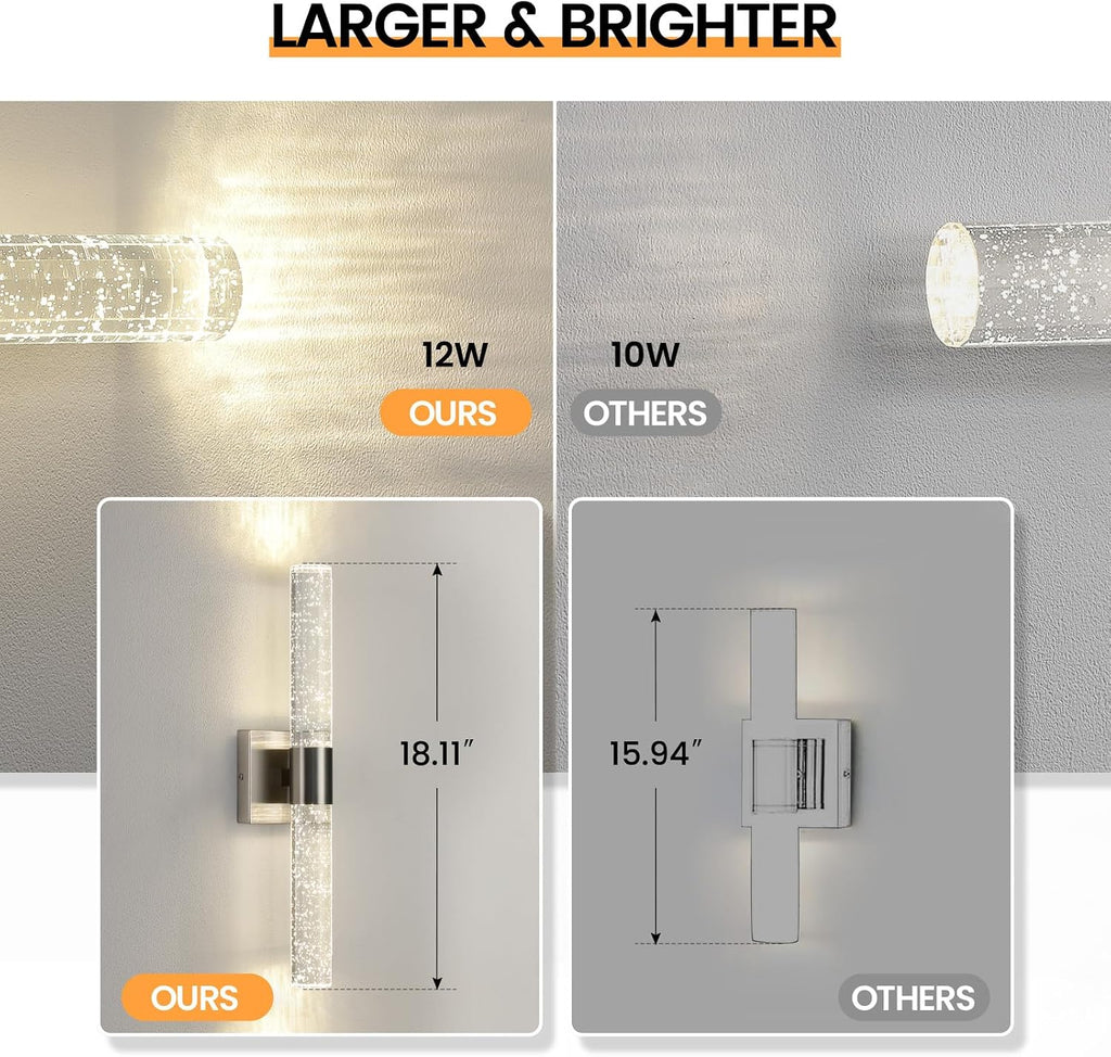 LED Wall Sconces Set of Two - 4000K Dimmable Crystal Bathroom Sconces Wall Lighting Indoor Brushed Nickel Vanity