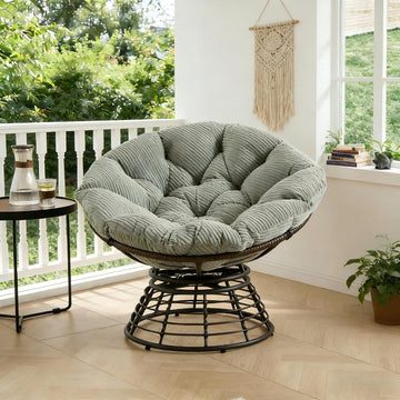 Oversized Cloud Papasan Chair with 360° Swivel Base, Ergonomic Rattan Lounge Chair with Thick Corduroy Cushion