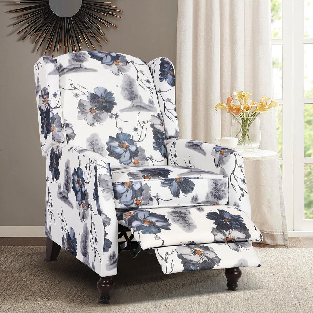 Wingback Recliner Chair - Tufted Arm Chair Recliner - Fabric Push Back Single Sofa Adjustable Backrest (Blue Floral)