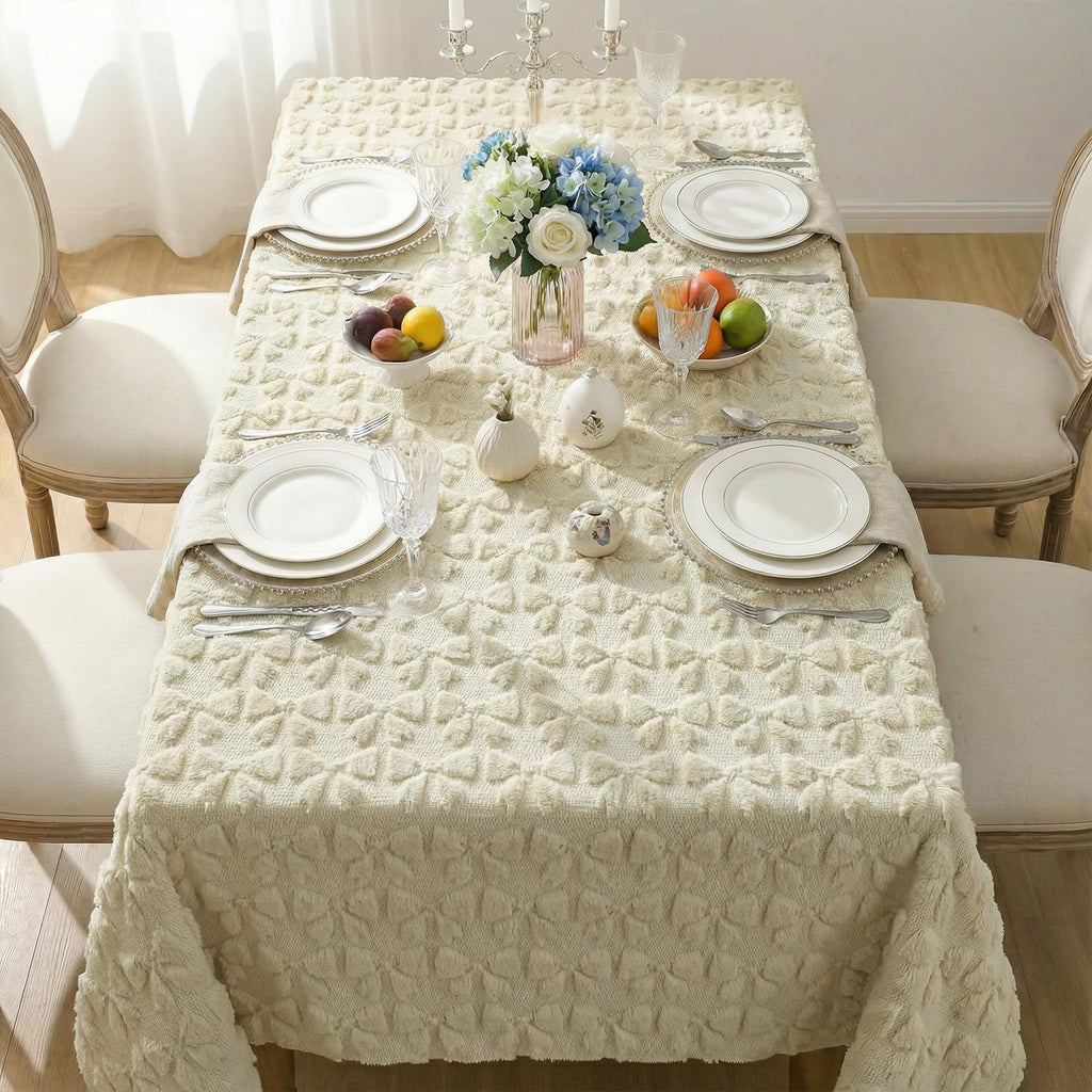 Bow Tablecloth 60×84 Inch Rectangular, Beige Soft Plush Faux Fur Jacquard Bow Table Cover, Seasonal 