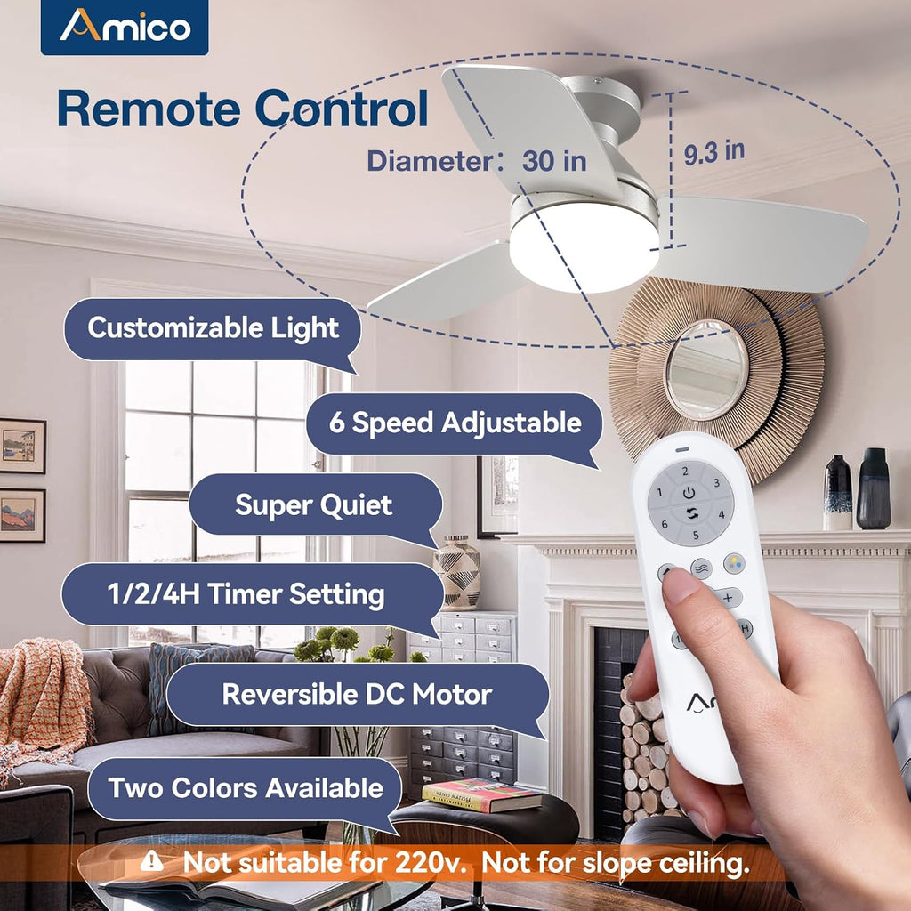 Ceiling Fans with Lights, 30 Inch Low Profile Ceiling Fan with Light and Remote Control, Flush Mount, Reversible, 3CCT, Dimmable, Noiseless, Silver Ceiling Fan for Bedroom, Indoor/Outdoor Use