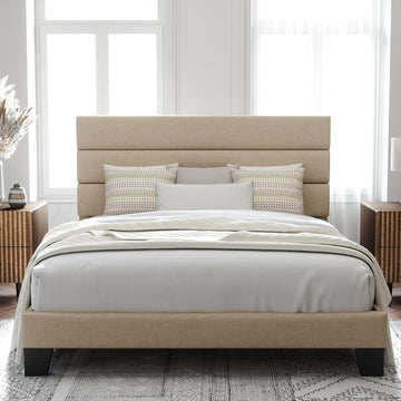 Queen Platform Bed Frame with Fabric Upholstered Headboard and Wooden Slats Support
