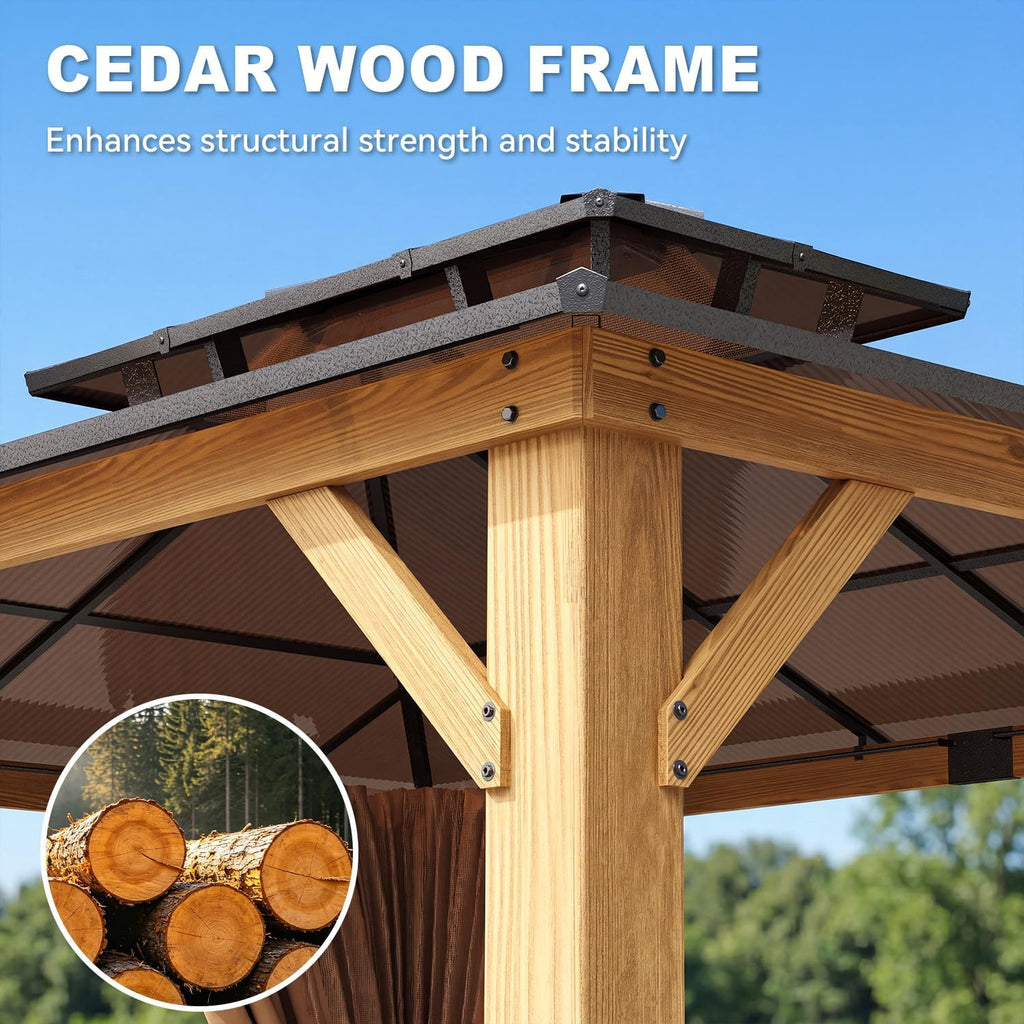 10' x 12' Outdoor Wood Gazebo with Double Polycarbonate Top