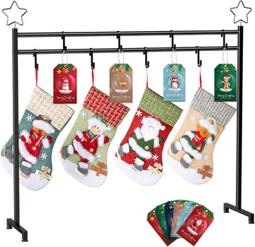 Christmas Stocking Holder Stand with 4 Stockings, Metal freestanding Christmas Stocking Hanger with 8 Hooks