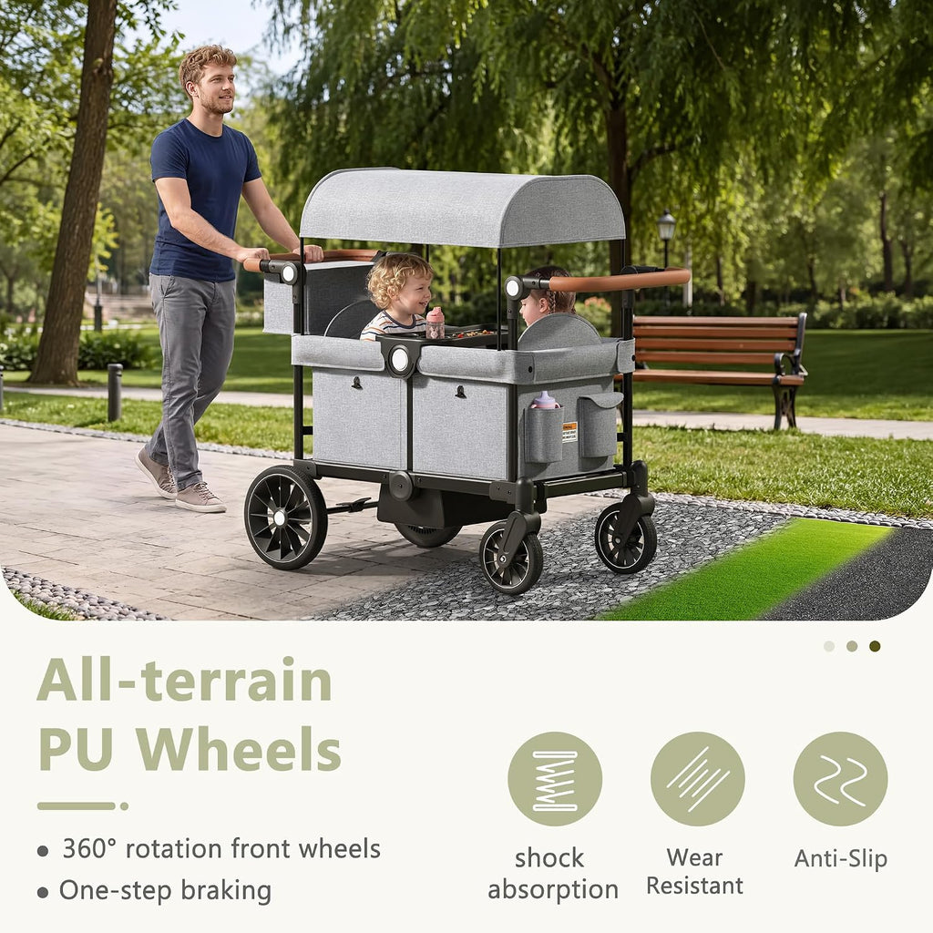 Folding Wagon Stroller for 2 Kids, Shock-Absorbing Wheel, Gray