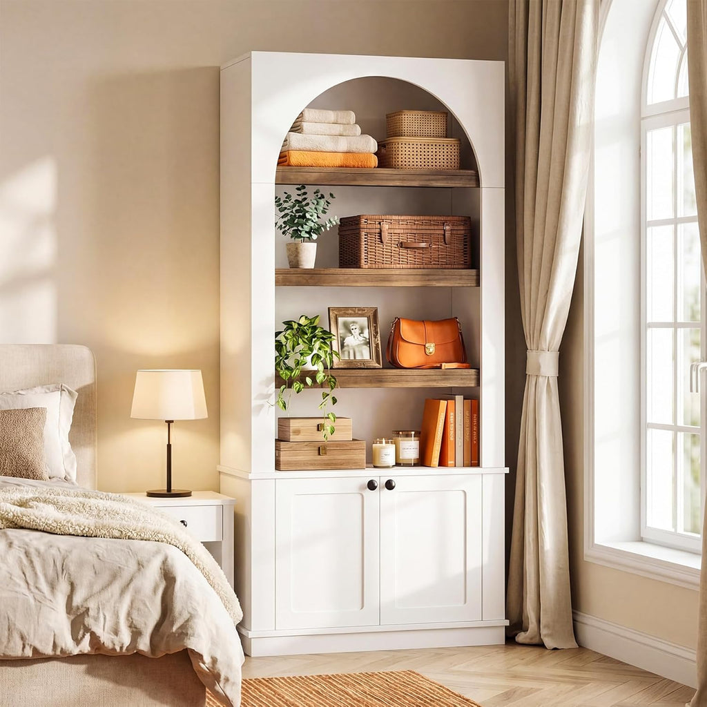 71'' Tall White Bookcase, 6-Tier Modern Arched Bookshelf with Doors